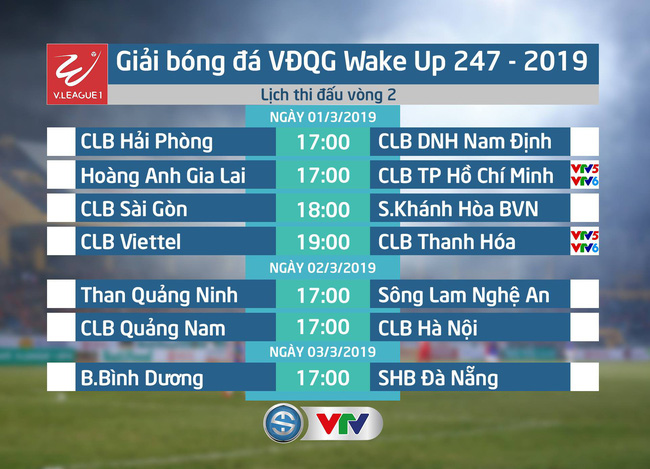 Lịch thi đấu và trực tiếp vòng 2 Giải bóng đá VĐQG Wake Up 247 - 2019